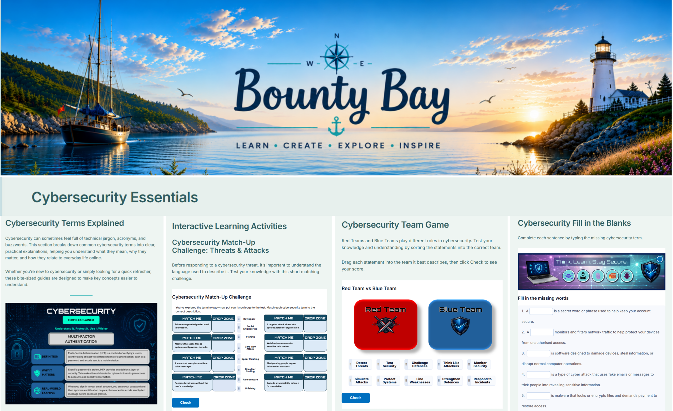 Collage showcasing the Cybersecurity Essentials learning page, including terms explained and interactive cybersecurity activities.
