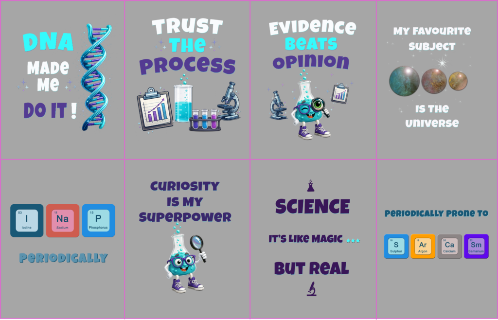 Collage showing a collection of Science designs