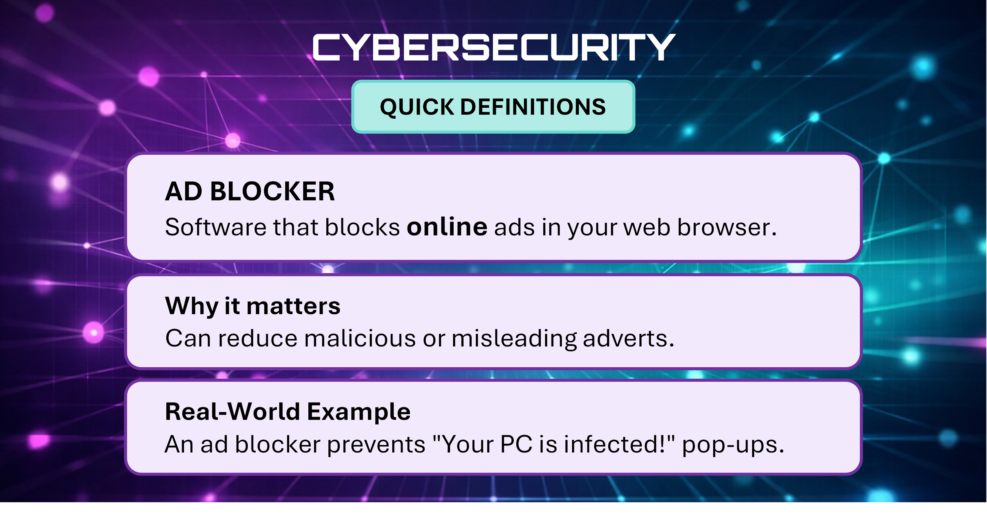 Cybersecurity Quick Definitions card explaining Ad Blocker.