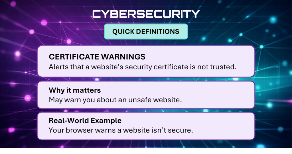 Cybersecurity Quick Definitions card explaining Certificate Warnings.