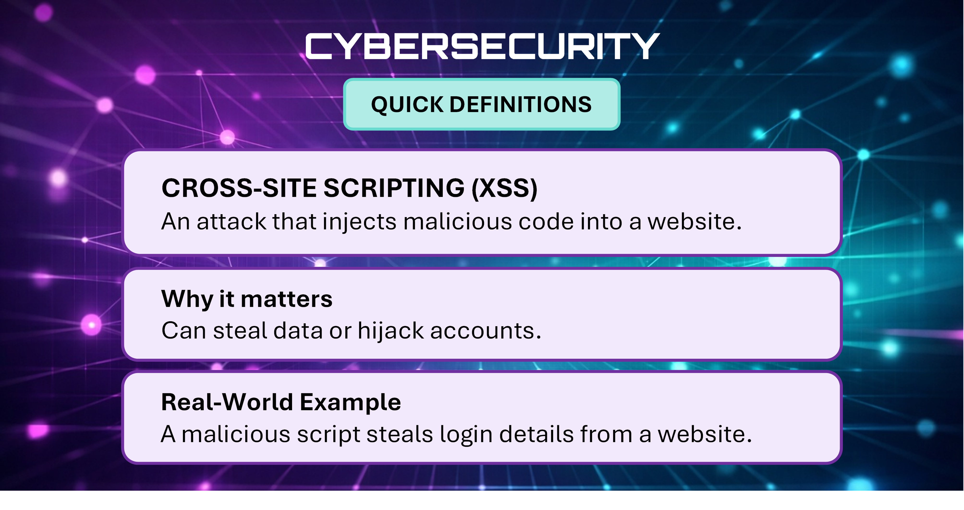 Cybersecurity Quick Definitions card explaining Cross Site Scripting (XSS).