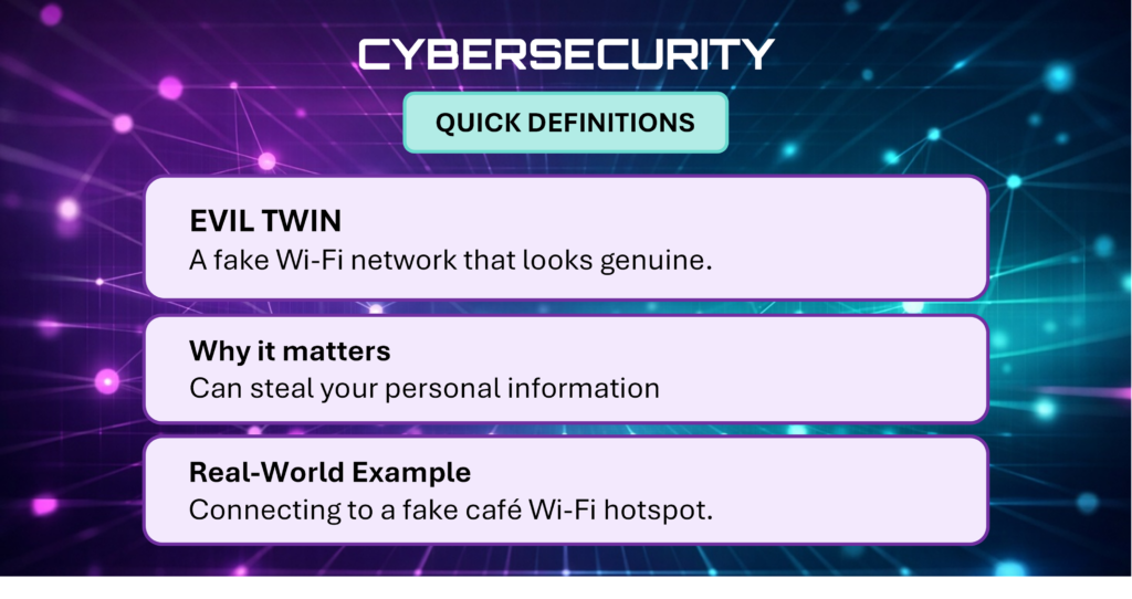 Cybersecurity Quick Definitions card explaining Evil Twin.
