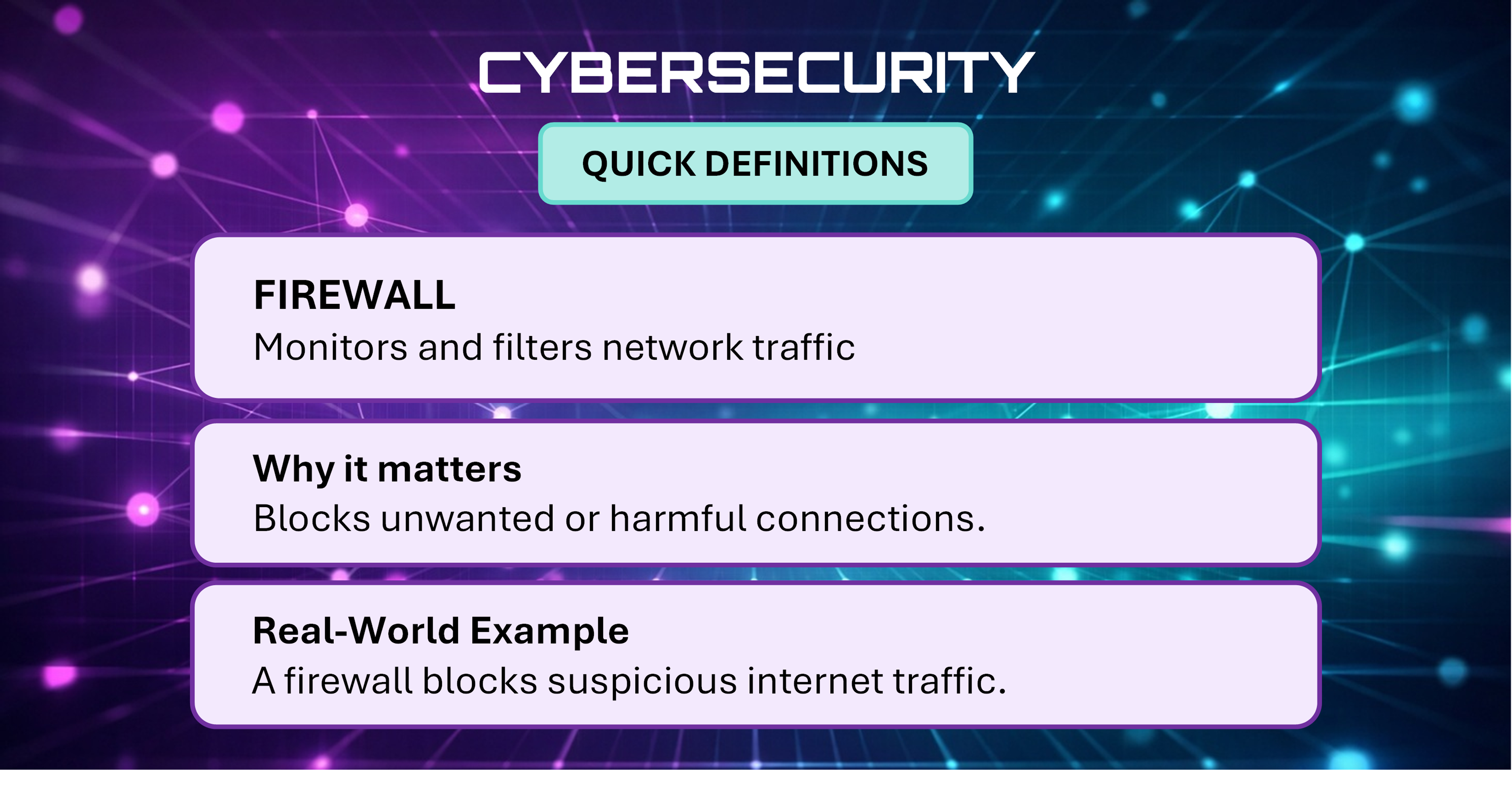 Cybersecurity Quick Definitions card explaining Firewall.