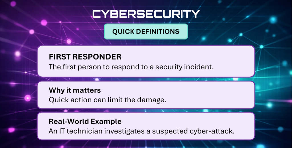 Cybersecurity Quick Definitions card explaining First Responder.
