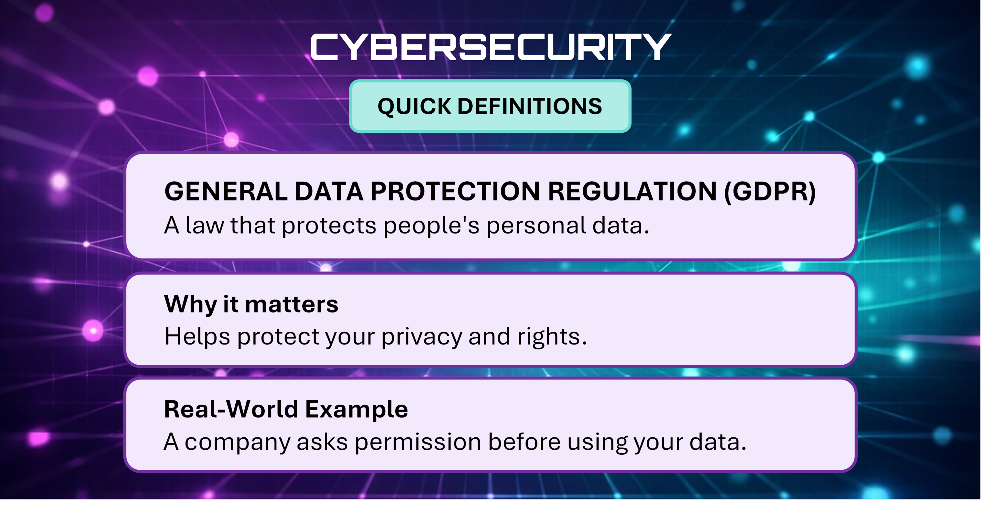 Cybersecurity Quick Definitions card explaining General Data Protection Regulation (GDPR).