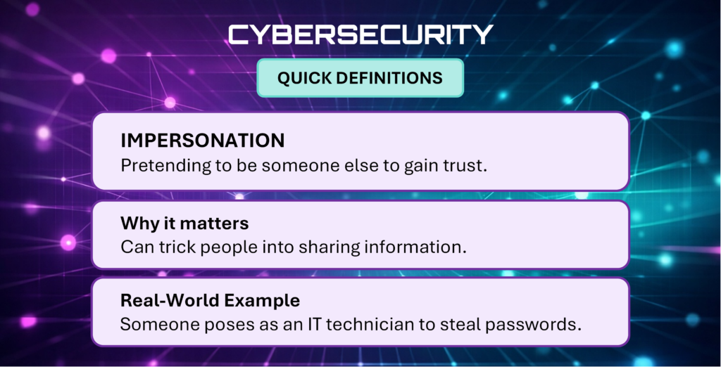 Cybersecurity Quick Definitions card explaining Impersonation.