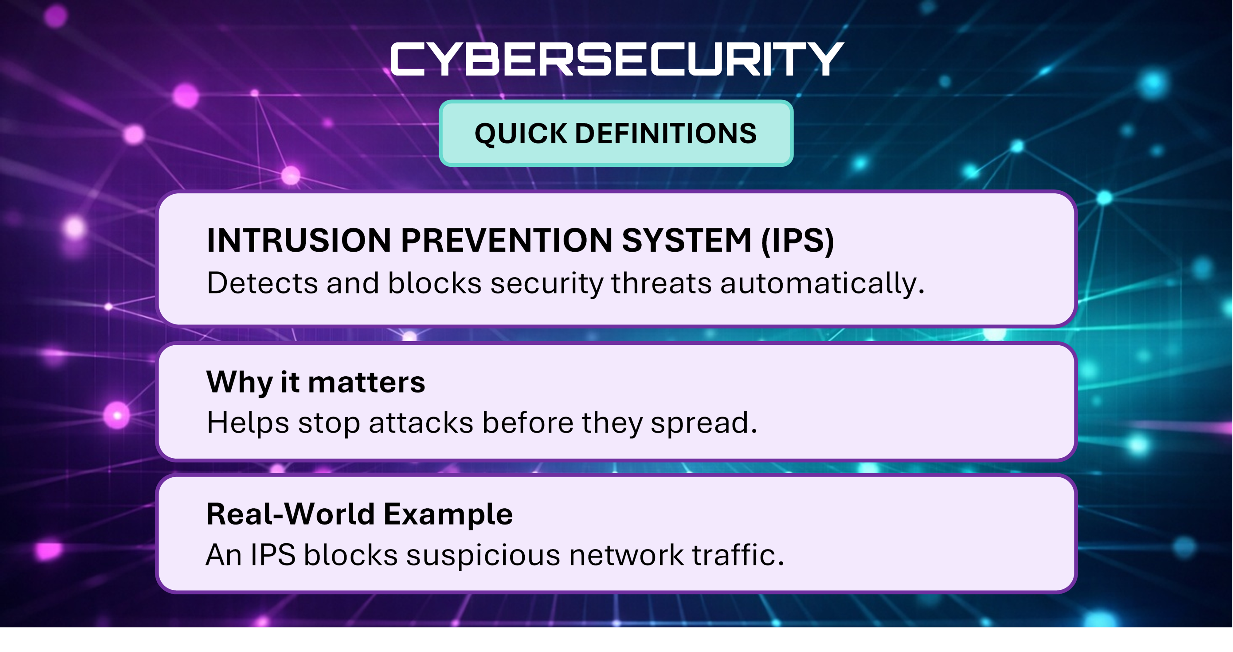 Cybersecurity Quick Definitions card explaining Intrusion Prevention System (IPS).