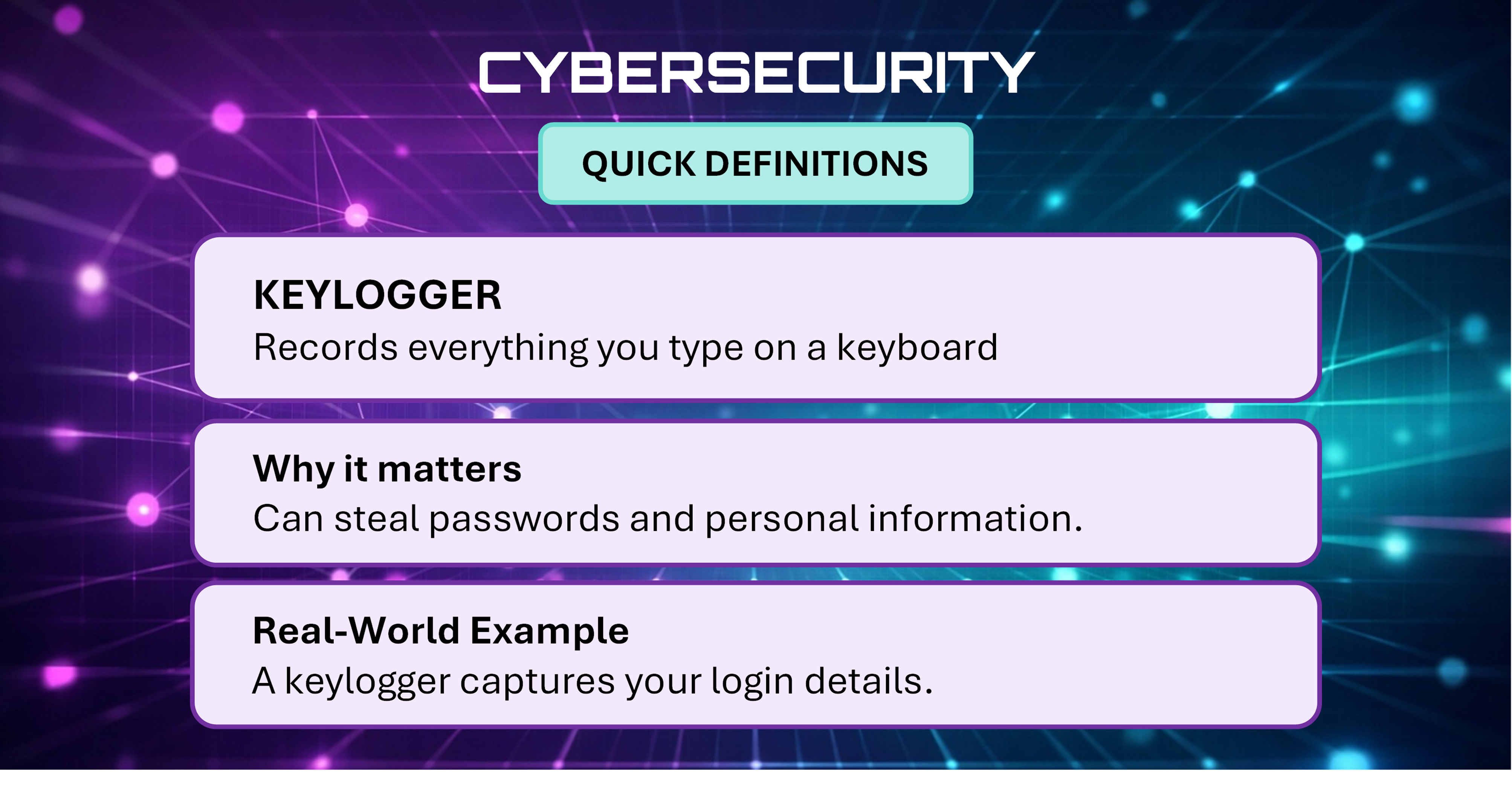 Cybersecurity Quick Definitions card explaining Keylogger.