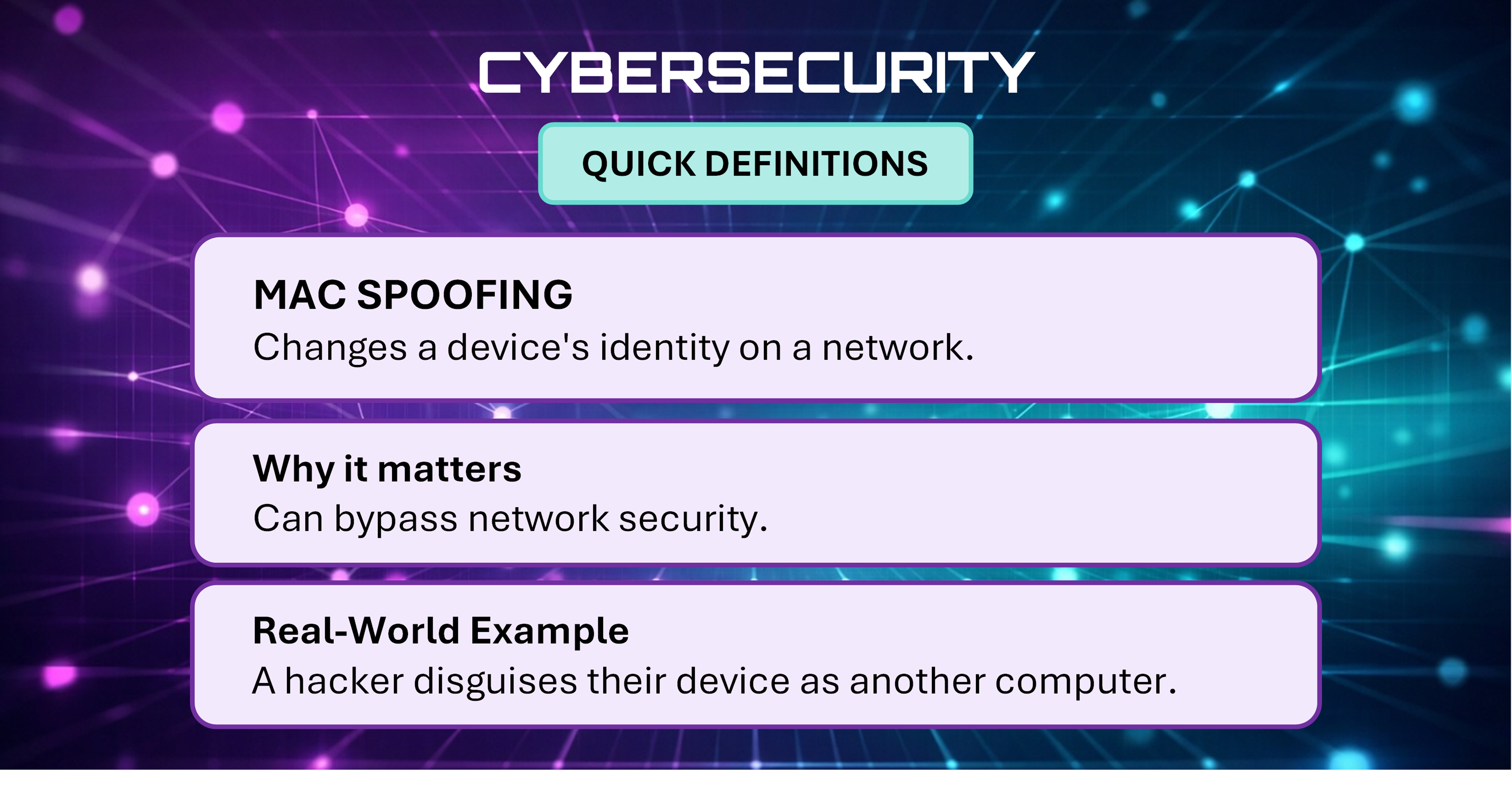 Cybersecurity Quick Definitions card explaining MAC Spoofing.
