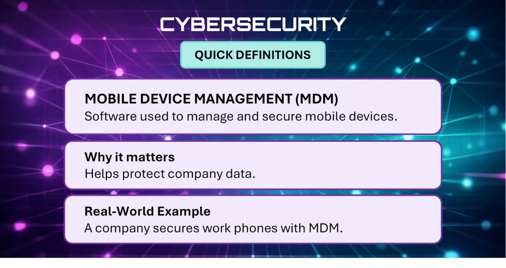 Cybersecurity Quick Definitions card explaining Mobile Device Management (IMDM).
