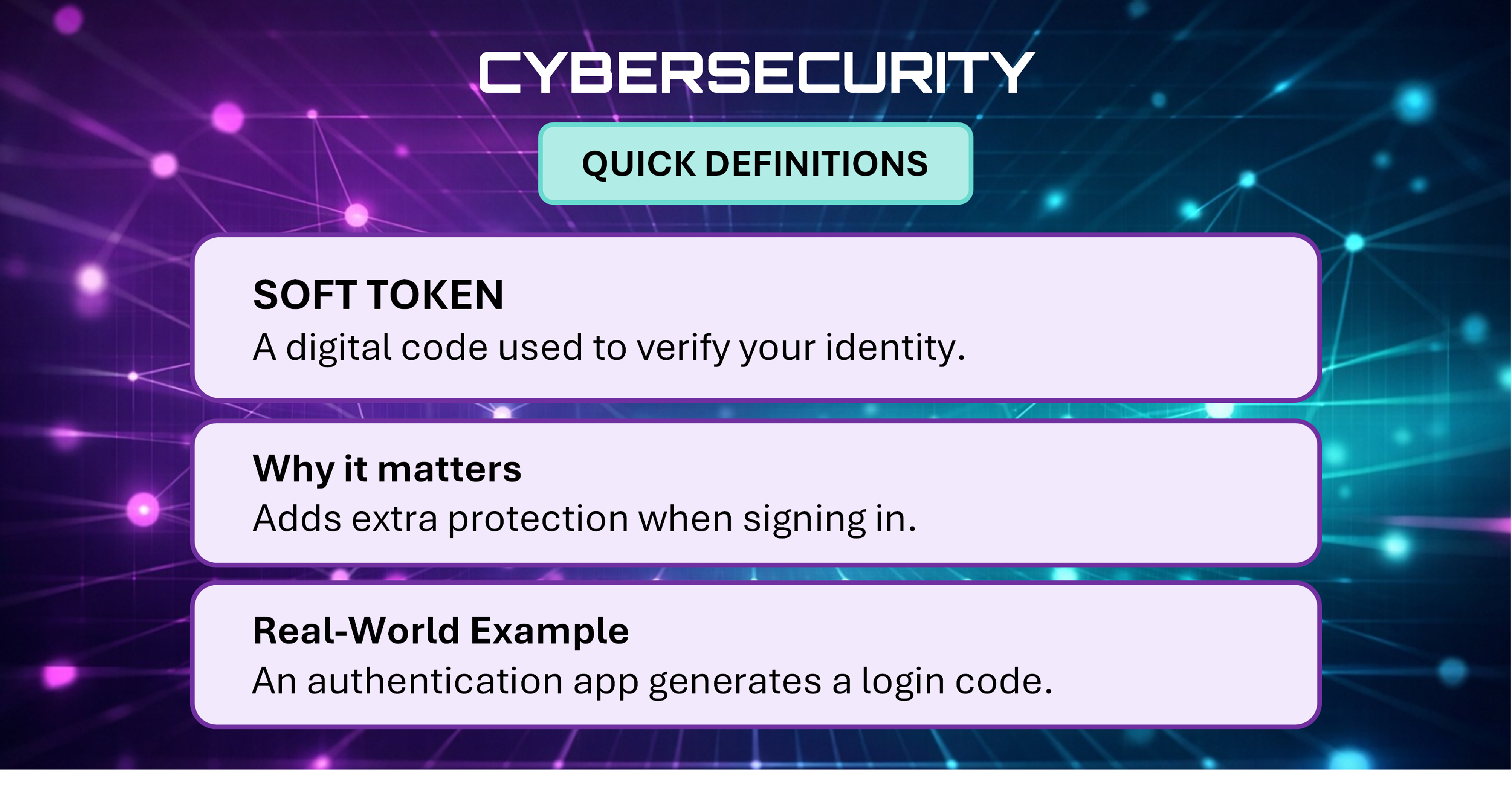 Cybersecurity Quick Definitions card explaining Soft Token.